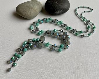 Green & Grey Crystal Glass Tassel Necklace, Women Necklace for Special Occasion, Christmas Anniversary Wedding Necklace, Unique Gift for her