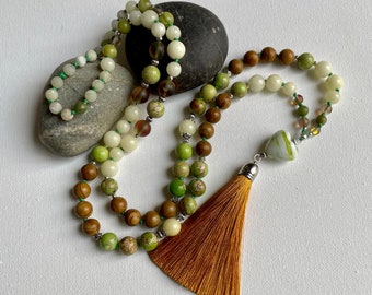 Wood Jasper Necklace, Three Stone Necklace, Long Stone Necklace with Tassel, Birthstone Necklace for Women, Luxury Gift for Birthday