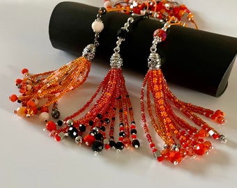 Orange Necklace, Crystal Necklace With Tassel, Seed Bead Necklace for Women, Favourite Necklace, Sparkly Christmas Necklace, Summer Necklace