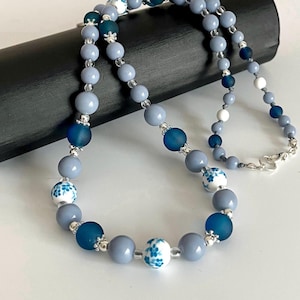 Navy Beaded Necklace, Blue Glass Necklace, Flourishing Necklace, Ceramics Necklace, Summer Holiday Necklace for Everyday, Handmade Necklace