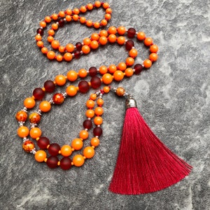 Orange Necklace with Wine Red Tassel, Long Beaded Necklace, Boho Necklace for Women, Birthday Gift Jewellery, Handmade Red Orange Necklace image 6