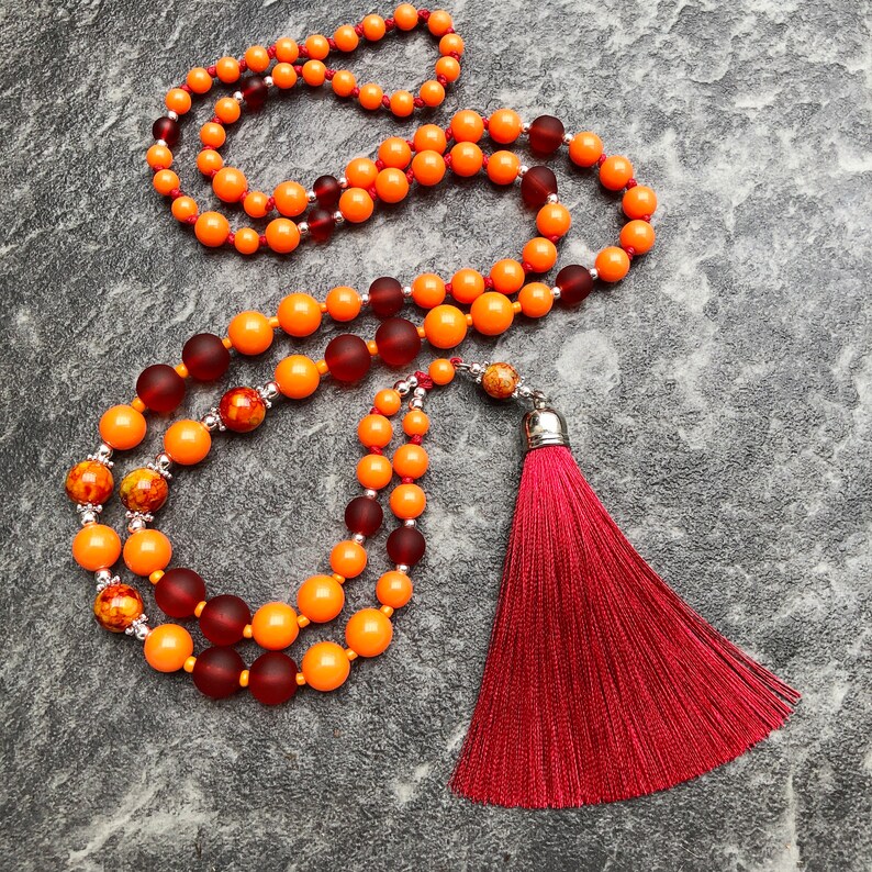 Orange Necklace with Wine Red Tassel, Long Beaded Necklace, Boho Necklace for Women, Birthday Gift Jewellery, Handmade Red Orange Necklace image 6