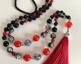 Red and Black Colours Necklace with Tassel,  Bohemian Beaded Long Necklace for Women, Handmade Gift  AffordableJewelleryfor Everyday