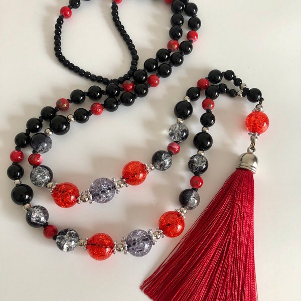 Red and Black Colours Necklace with Tassel,  Bohemian Beaded Long Necklace for Women, Handmade Gift  AffordableJewelleryfor Everyday