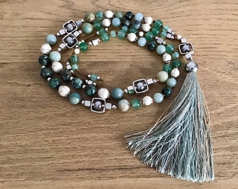 Amazonite, Agate and Turquoise Bead Blend Necklace with Tassel, Green Stone Long Boho Necklace for Women, Handmade Jewellery, Gift For You