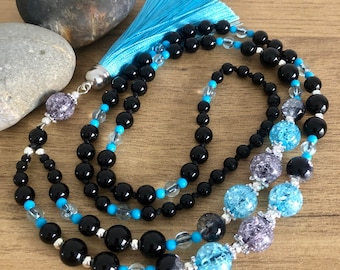 Tasseled Black Necklace with Large Blue Beads, Handmade Boho Style Jewellery for Daily Wear, Affordable Gift, Long Single Strand Necklace