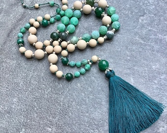 Green Agate and Emerald Tassel Necklace, Bohemian Jewellery, Stone Long Necklace, Classic Necklace