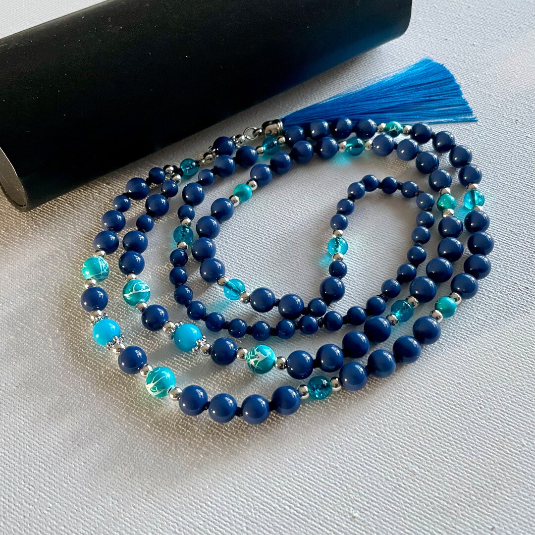 collanina sottile ricamata con perline vetro blu, collana estiva me collanina sottile ricamata con perline vetro blu, collana estiva me