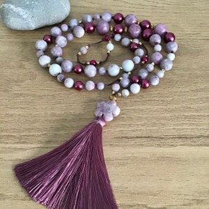 Rhodonite & Jasper Tassel Necklace, Floral Charm Necklace, Grey and Purple Beaded Necklace, Boho Long Necklace, Stone Necklace, Easter Gift