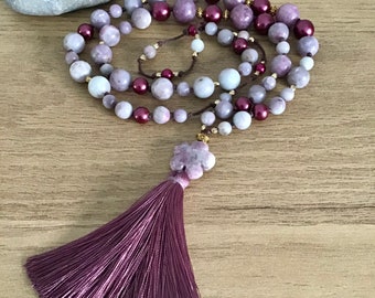 Rhodonite & Jasper Tassel Necklace, Floral Charm Necklace, Grey and Purple Beaded Necklace, Boho Long Necklace, Stone Necklace, Easter Gift