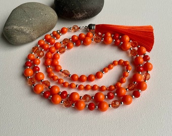 Orange Elegance Necklace with Tassel, Beaded Long Orange Necklace for Women, Handmade Jewellery Gift, Orange Summer, Holiday