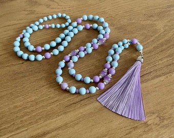 Blue and Lilac Tassel Necklace, Fresh Look Beaded Boho Necklace for Women, Long Holiday Jewellery, Birthday Gift for her