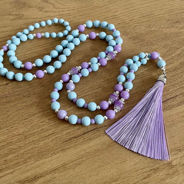 Blue and Lilac Tassel Necklace, Fresh Look Beaded Boho Necklace for Women, Long Holiday Jewellery, Birthday Gift for her