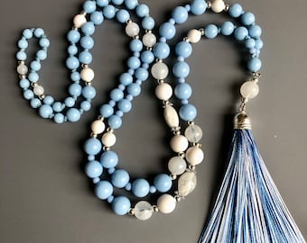 Sky Blue Necklace with Tassel, Beaded Long Necklace for Women, Women Handmade Jewellery, White and Blue Summer Beach Holiday Necklace