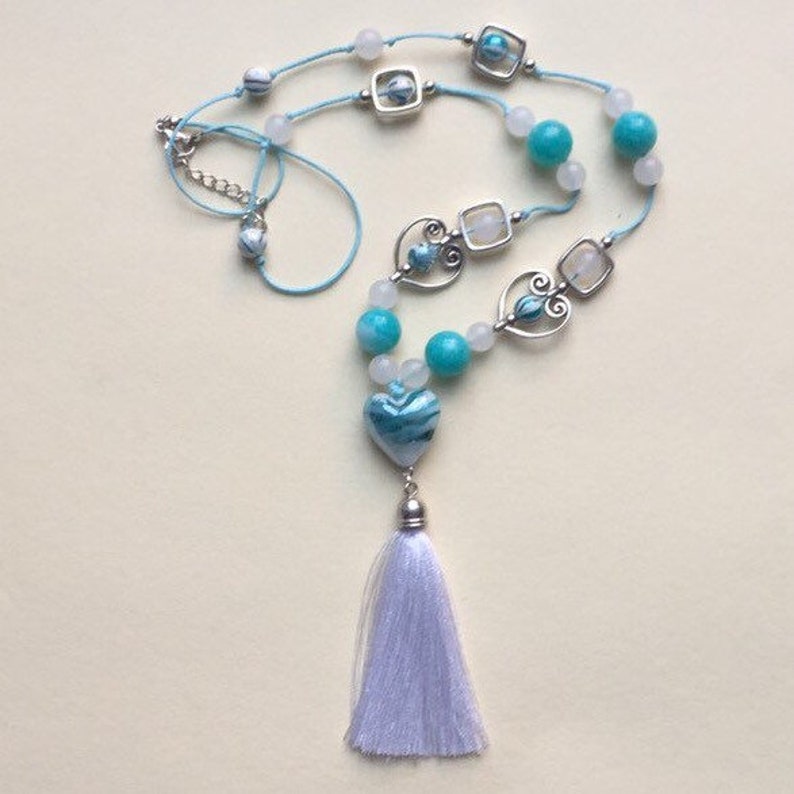 Jade Stone Ocean Colour Necklace With Tassel
