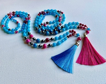 Sea Blue Tassel Necklace for Women, Pink and Blue Beaded Necklace, Long Necklace Christmas Holiday Birthday, Handmade Gift for her