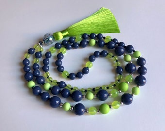 Spring Green and Navy Blue Necklace with Tassel, Boho Necklace for Women, Beaded Long Necklace, Holiday Jewellery, Gift for Easter