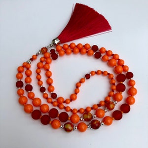 Orange Necklace with Wine Red Tassel, Long Beaded Necklace, Boho Necklace for Women, Birthday Gift Jewellery, Handmade Red Orange Necklace image 8