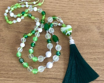 Cream Chalcedony and Green Glass Beads Necklace with Tassel, Heart Charm, Holiday Necklace, Long Boho Necklace, Easter Gift for Women