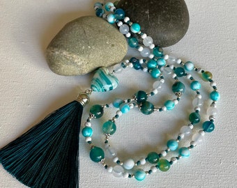 Emerald Agate Necklace with Tassel and Heart Charm, Long Stone Bead Birthday Necklace, Boho Handmade Jewellery, Valentines Gift for Women