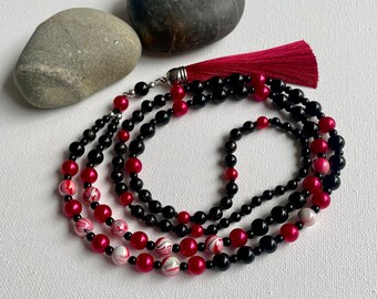 Wine Red Tassel Necklace for Women, Black with Red Long Beaded Necklace, New Season Boho Necklace  for Holiday, Necklace  Gift for Everyday