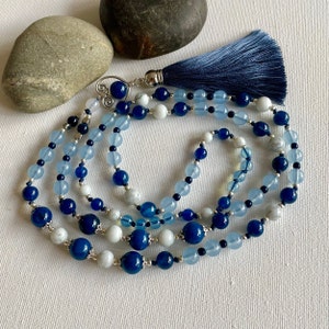 Blue Agate Necklace with Tassel, Heart Charm Accessory, Long Stone Bead Necklace, Handmade Boho Jewellery, Valentines Gift