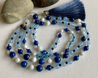 Blue Agate Necklace with Tassel, Heart Charm Accessory, Long Stone Bead Necklace, Handmade Boho Jewellery, Valentines Gift