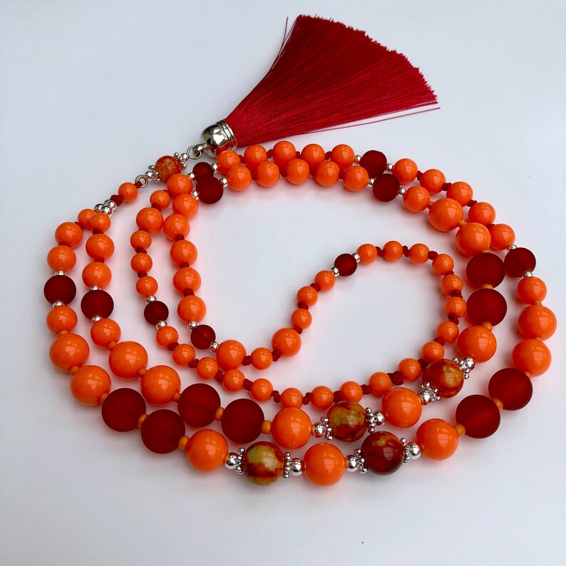 Orange Necklace with Wine Red Tassel, Long Beaded Necklace, Boho Necklace for Women, Birthday Gift Jewellery, Handmade Red Orange Necklace image 4