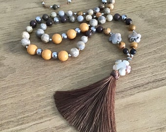 Crazy Agate & Brown Tassel Necklace, Floral Charm, Yellow and Brown Beaded Necklace, Long Bohemian Gemstone Necklace for Women, Quartz Mala