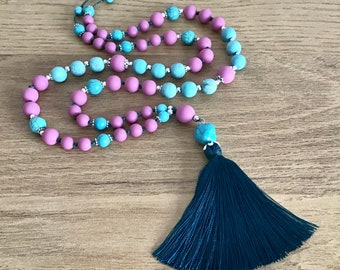 Turquoise Necklace with Tassel, Green Pink Necklace, Matte Stone Necklace, Long Stone Necklace, Handmade Jewellery, Handmade Gift