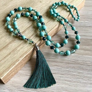 Forest Green Tassel Necklace, Long Green Necklace, Dark Tassel Beaded Necklace for Women, Handmade Birthday Gift, Holiday Summary Jewellery