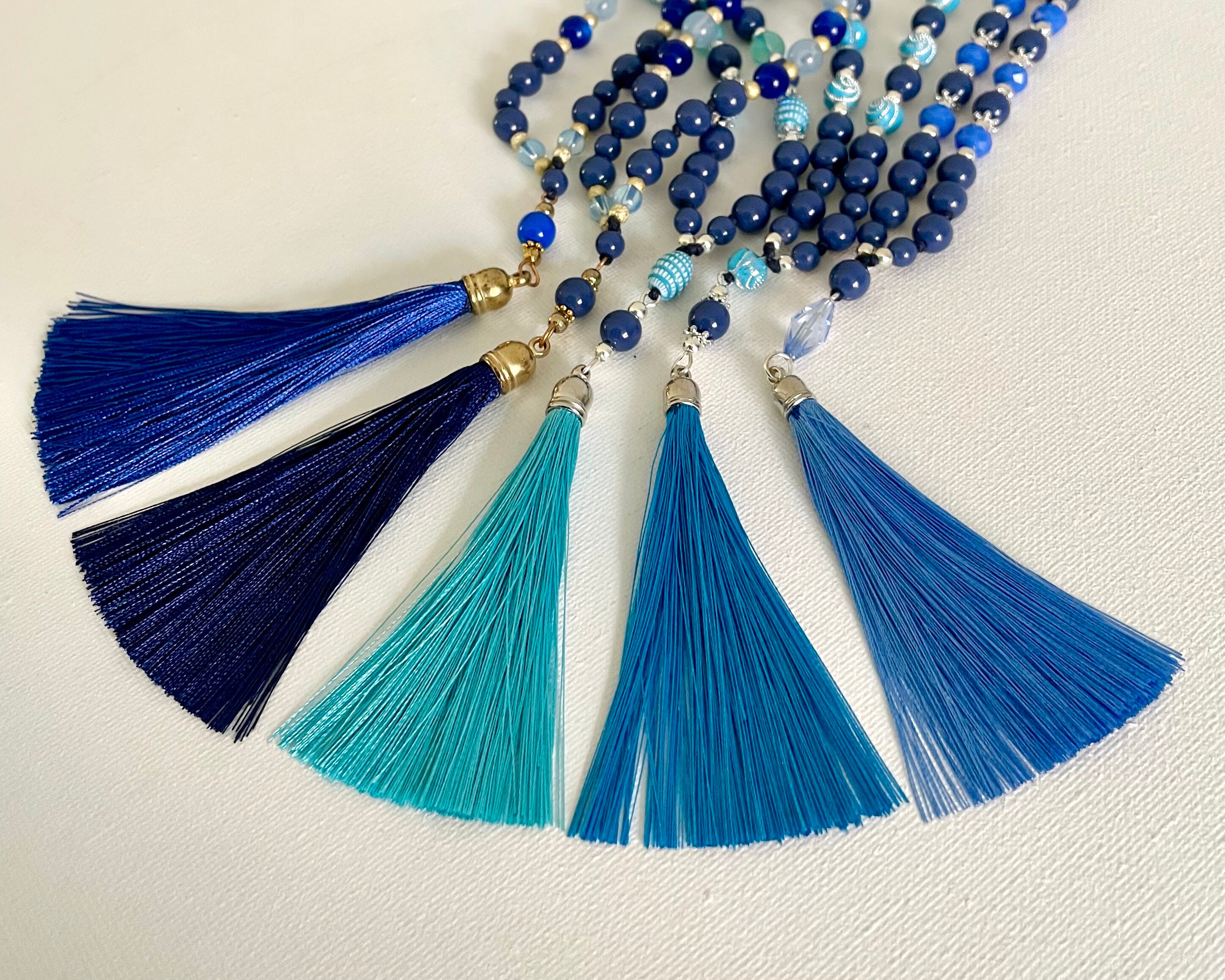 Collana Donna Lunga 47 Cm Con Perle Blu Cielo In Acrilico - Fatte A Mano, Argento Placcato