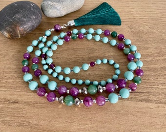 Purple - Mint Green Bead Necklace with Tassel, Green Handmade Necklace for Women, Long Boho Necklace for Everyday, Gift for Sister