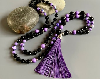 Long Beaded Necklace in Black and Purple, Tasseled Necklace for Women, Jewellery for Everyday, Handmade Gift for Her