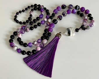 Purple Agate Bohemian Necklace with Tassel and Heart, Purple Necklace for Women, Long Beaded Necklace, Valentine Gift, Holiday