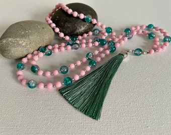 Long Pink Necklace with Green, Durable Necklace for Holiday, Boho Necklace for Women, Summer Necklace, Long Affordable Beach Necklace