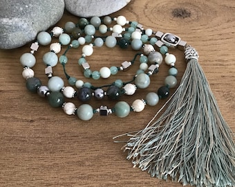 Green Amazonite and Turquoise Necklace with Tassel, Birthstone Beaded Boho Necklace, Handmade Jewellery