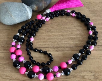 Black & Fuchsia Pink Necklace, Bohemian Bead Necklace with Tassel, Pink Tassel Long Necklace for Women, Handmade Jewellery Gift for Birthd