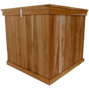 May include: A square wooden planter box with a natural wood finish. The box is constructed from vertical wooden planks and features a decorative top and bottom trim. The planter is designed for outdoor use and has a simple, classic design.