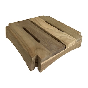 May include: A wooden tray with two long slots, made of light and dark brown wood.