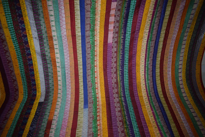 Stripe Queen Size Handmade Quilt Indian Khambadi quilt Vintage Patchwork Embroidery Quilt Blanket Bed sheet Bedspread Coverlet