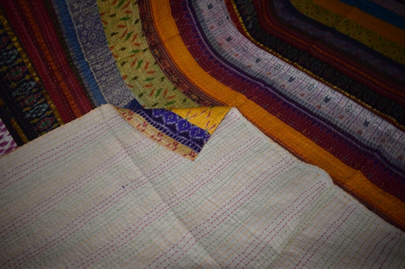 Vintage Silk Patola Kantha Printed Patchwork Quilt Throw Gudri Queen Size