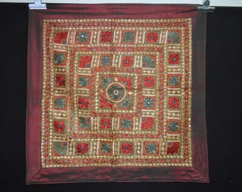 Indian Hand Embroidered Wall Hanging Hand Stitched Mirror Work Wall Tapestry Decorative Table Cover Patchwork Floor Throw