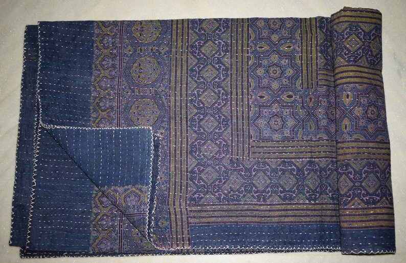 Indian Kantha Handmade Quilt Throw Made Of Cotton Hand Block Print Natural Dye