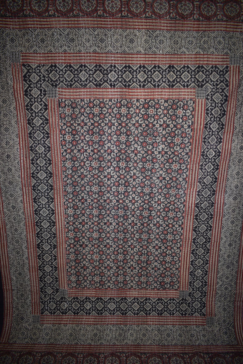 Handmade Bedspread Hand block Ajrak Print Twin size Kantha Quilt Reversible Vintage Indian quilt 100/% Cotton Bedspread Blanket Both side