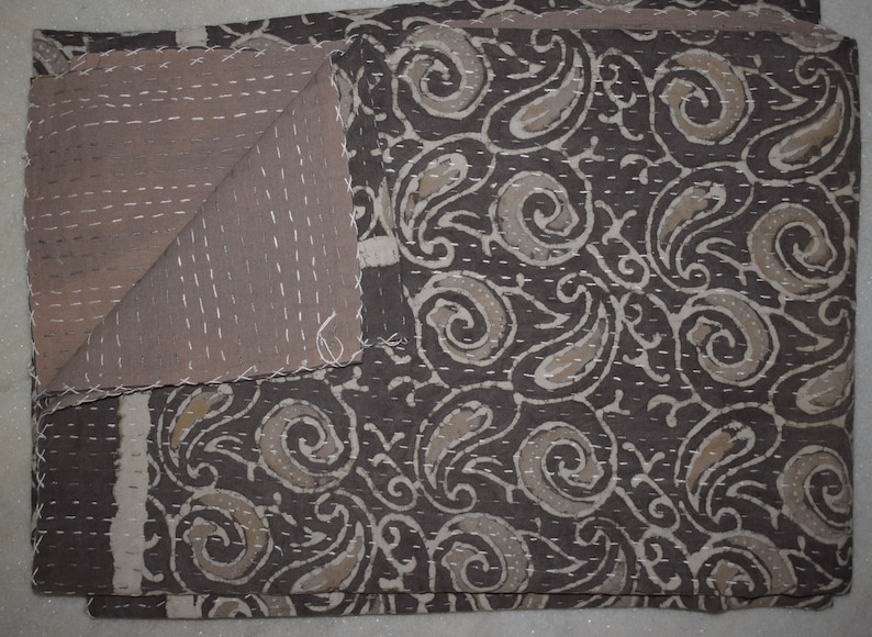 Vintage Beautiful Reversible Twin Size Quilt Sari Hand Block Print Throw