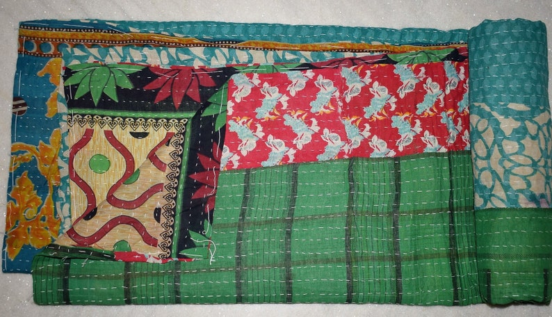Vintage Bohemian Cotton Blanket Handmade Twin Size Indian Bedspread RL172 Traditional Hand Stitched Cotton Kantha Throw