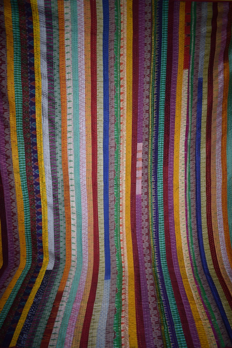 Stripe Queen Size Handmade Quilt Indian Khambadi quilt Vintage Patchwork Embroidery Quilt Blanket Bed sheet Bedspread Coverlet