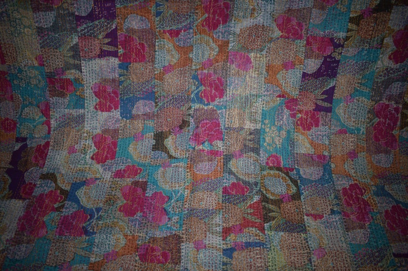 Kantha Hand Made Floral Printed Double Bed Cotton Quilt Blanket in Warm Throw size 90x108