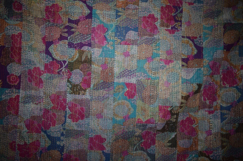 Kantha Hand Made Floral Printed Double Bed Cotton Quilt Blanket in Warm Throw size 90x108